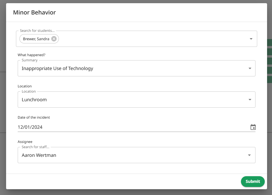 minor behavior form