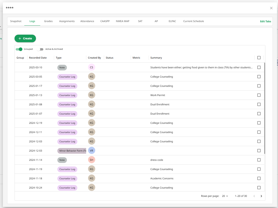 student profile logs